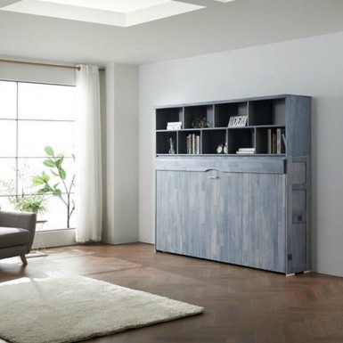 Sueno Wall Bed (King Single) : Horizontal -  Blue Grey with Bookshelf