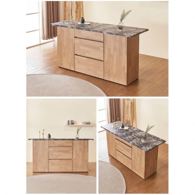 NANA Kitchen Island Bench -  Oak(cabinet) & Black marble pattern(top)