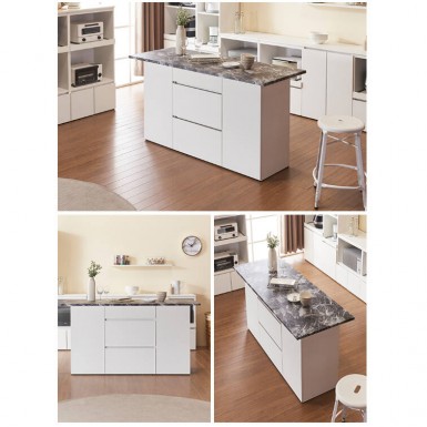 NANA Kitchen Island Bench -  White(cabinet) & Black marble pattern(top)