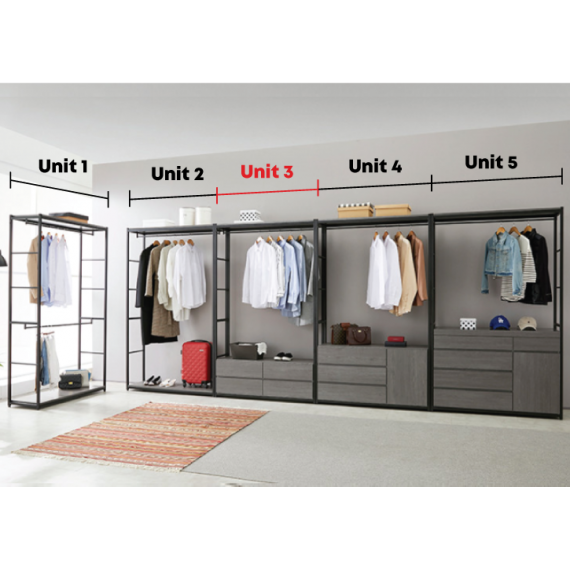 Grey) Remiel 1200 Clothes Wardrobe Rack with 4 drawers - Unit 3