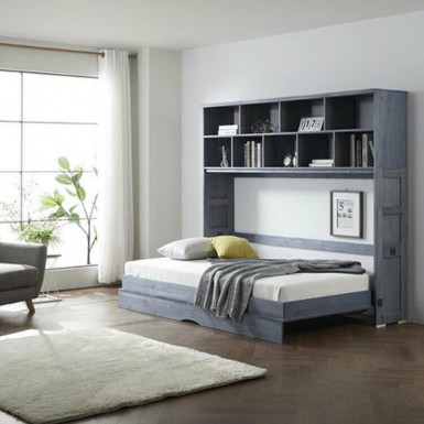 Sueno Wall Bed (King Single) : Horizontal -  Blue Grey with Bookshelf